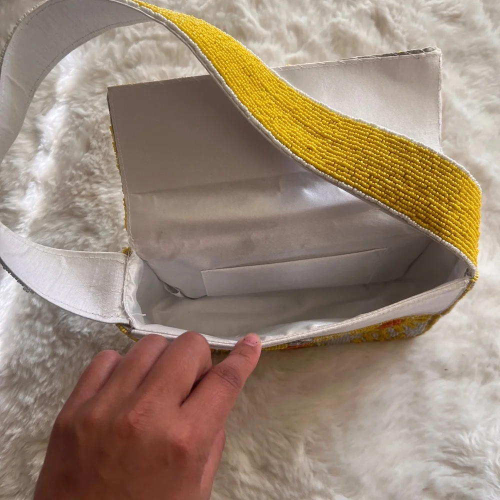 Beaded White Shoulder Bag with Yellow Sunflower Accents